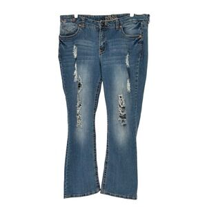 Reign Y2K Bootcut Jeans Blue Distressed‎ Embroidered Pockets 18